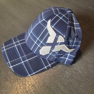 Men's Wrangler 20X Embroidered Patch Logo Cap Hat Plaid Blue Flex Fitted Sz S/M